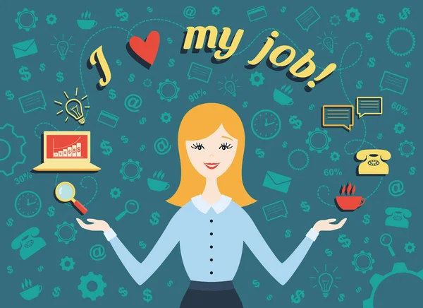 Diseño plano vector ilustración de asistente personal o mujer trabajadora con sonrisa y texto "Me encanta mi trabajo !" — Archivo Imágenes Vectoriales
