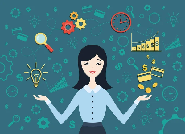 Εικονογράφηση διάνυσμα επίπεδη σχεδίαση νέων επιχειρήσεων γυναίκα δείχνει τη μετατροπή της ιδέας σε χρήματα — Διανυσματικό Αρχείο