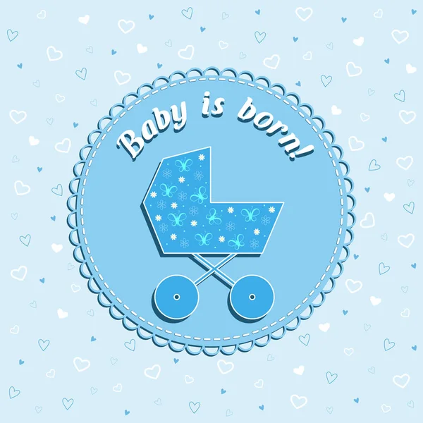 Tarjeta vectorial de cumpleaños divertido recién nacido con cochecito en fondo azul con corazones para niño — Vector de stock