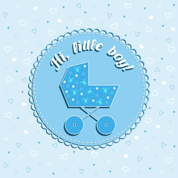 Divertente biglietto vettore di compleanno neonato con carrozzina su sfondo blu con cuori per ragazzo — Vettoriale Stock
