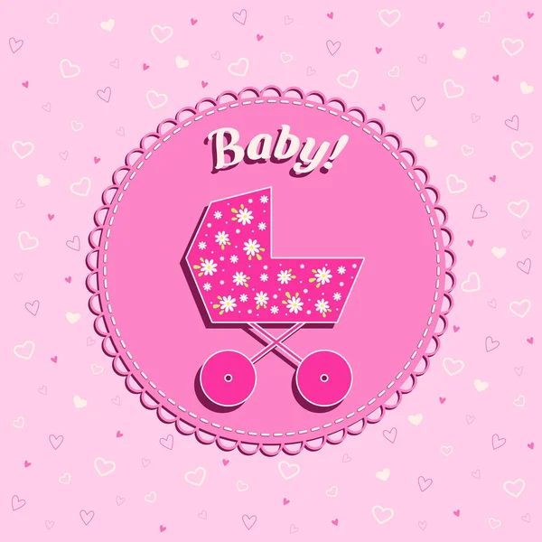 Divertente biglietto vettore di compleanno neonato con carrozzina su sfondo rosa con cuori per ragazza — Vettoriale Stock