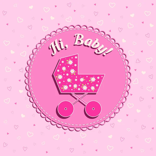Divertida tarjeta vectorial de cumpleaños recién nacido con cochecito en fondo rosa con corazones para niña — Vector de stock