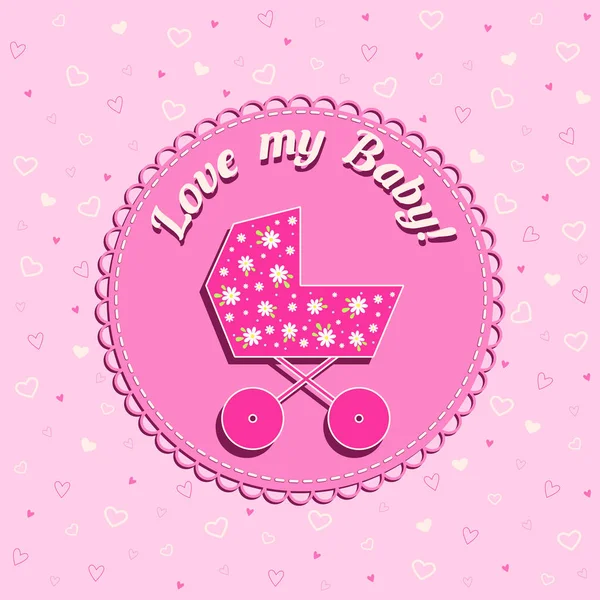 Divertida tarjeta vectorial de cumpleaños recién nacido con cochecito en fondo rosa con corazones para niña — Vector de stock