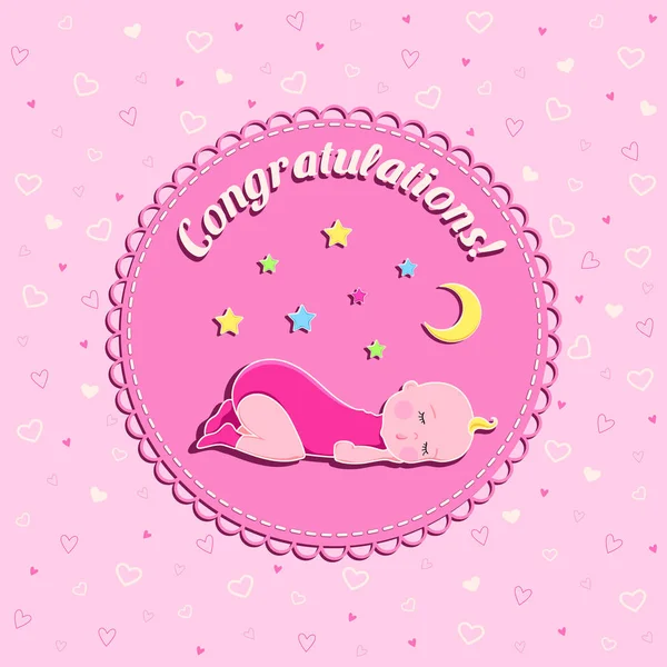 Divertida tarjeta vectorial de cumpleaños recién nacido con bebé dormido, luna y estrellas sobre fondo rosa con corazones y texto "Felicidades" para niña — Vector de stock