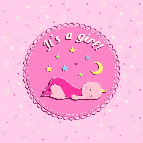 Divertida tarjeta vectorial de cumpleaños recién nacido con bebé dormido, luna y estrellas sobre fondo rosa con corazones para niña — Archivo Imágenes Vectoriales