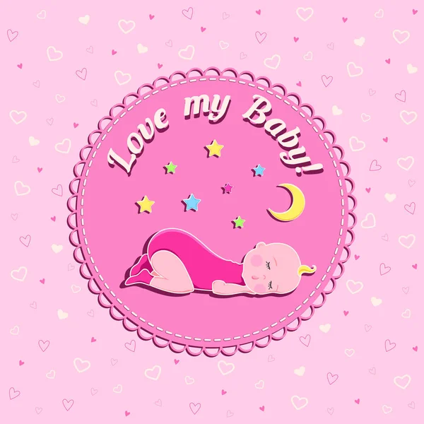 Divertida tarjeta vectorial de cumpleaños recién nacido con bebé dormido, luna y estrellas sobre fondo rosa con corazones para niña — Archivo Imágenes Vectoriales