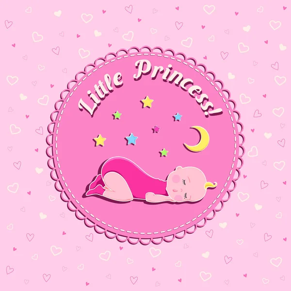 Divertida tarjeta vectorial de cumpleaños recién nacido con bebé dormido, luna y estrellas sobre fondo rosa con corazones para niña — Archivo Imágenes Vectoriales