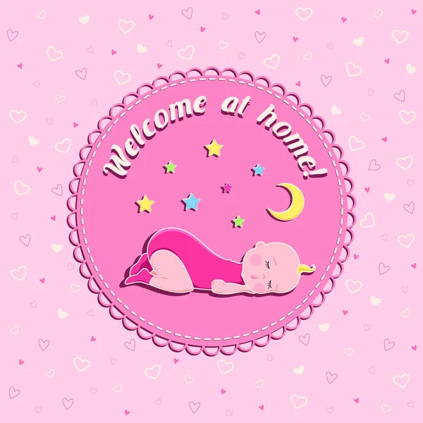 Divertida tarjeta vectorial de cumpleaños recién nacido con bebé dormido, luna y estrellas sobre fondo rosa con corazones y texto "Bienvenido a casa" para niña — Vector de stock