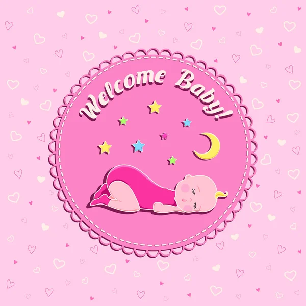 Funny newborn birthday vector card with sleeping baby, moon and stars on pink background with hearts for girl — Stock Vector