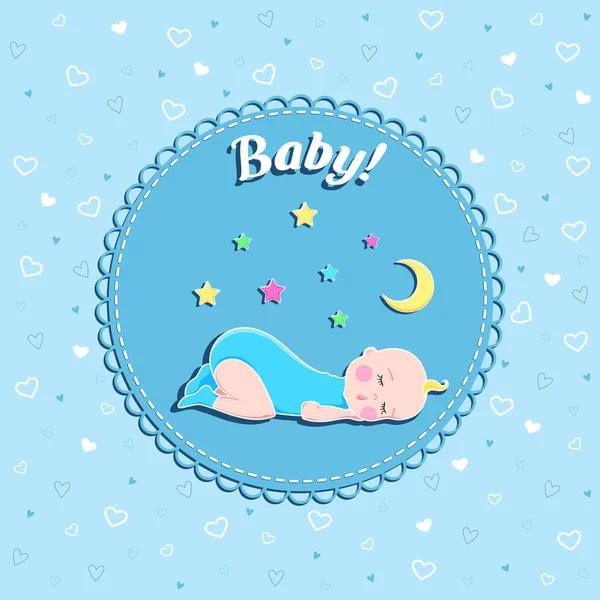 Divertente biglietto vettore di compleanno neonato con bambino addormentato, luna e stelle su sfondo blu con cuori per ragazzo — Vettoriale Stock