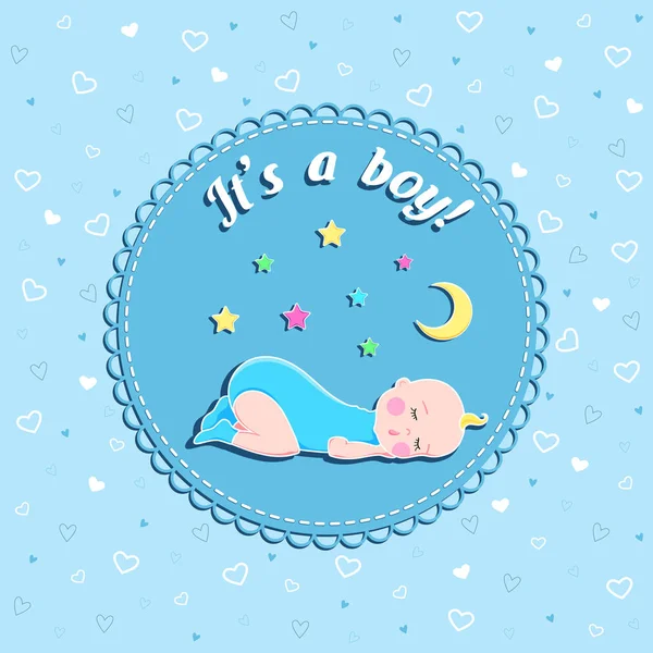 Tarjeta vectorial de cumpleaños divertida para recién nacidos con bebé dormido, luna y estrellas sobre fondo azul con corazones para niño — Vector de stock