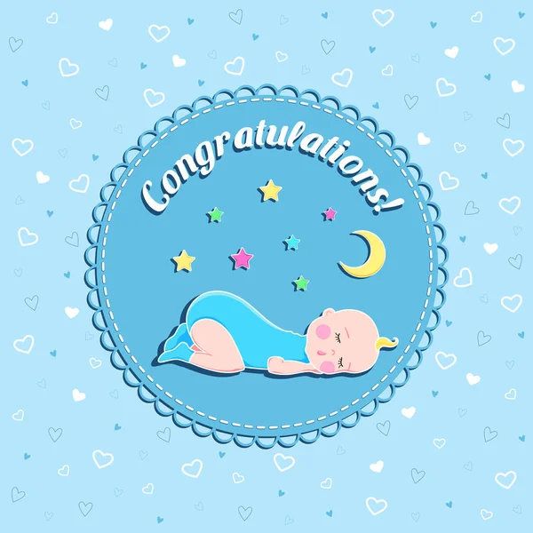 Cartão vetor de aniversário recém-nascido engraçado com bebê adormecido, lua e estrelas no fundo azul com corações para menino —  Vetores de Stock