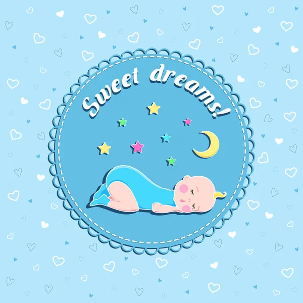 Tarjeta vectorial de cumpleaños divertida para recién nacidos con bebé dormido, luna y estrellas sobre fondo azul con corazones para niño — Vector de stock