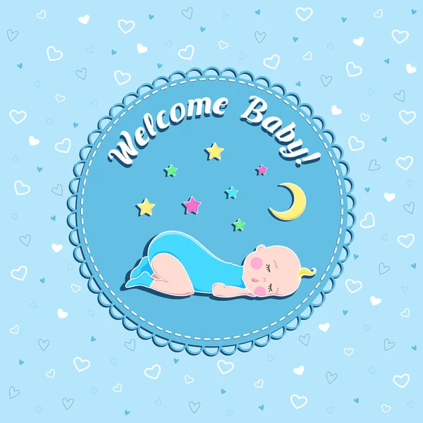 Funny newborn birthday vector card with sleeping baby, moon and stars on blue background with hearts for boy — Stock Vector