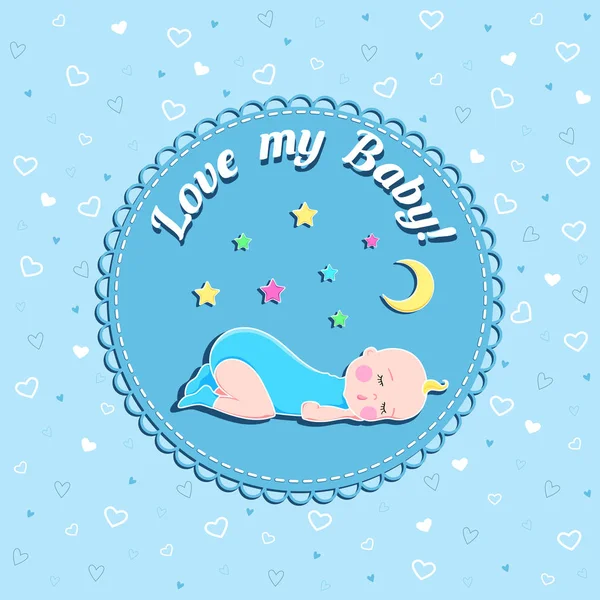 자는 아기, 달과 소년에 대 한 마음으로 파란색 배경에 별 재미 있는 신생아 생일 벡터 카드 — 스톡 벡터