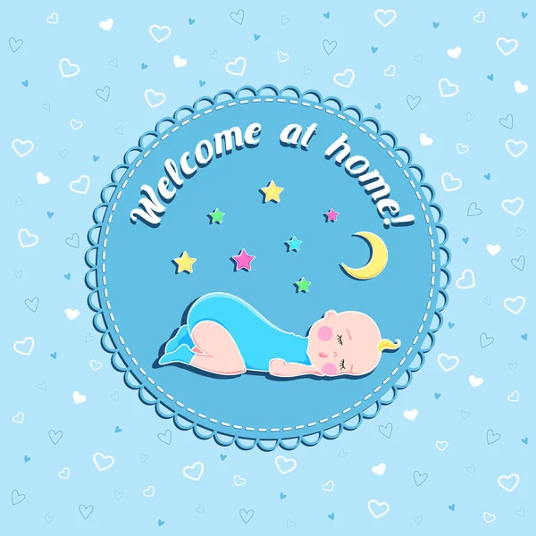Tarjeta vectorial de cumpleaños divertida para recién nacidos con bebé dormido, luna y estrellas sobre fondo azul con corazones para niño — Vector de stock