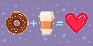 Çörek, kahve ve kalp Menekşe arka plan üzerinde düz vektör çizim