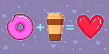 Flat vector illustration of donut, coffee and heart on violet background clipart