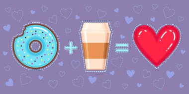 Mavi sır ile çikolatalı çörek, kahve ve kırmızı kalp Menekşe arka plan üzerinde düz vektör çizim