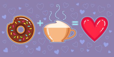 Donut çikolata sır, kapuçino Kupası ve menekşe arka plan üzerinde kırmızı kalp ile düz tasarlamak vektör