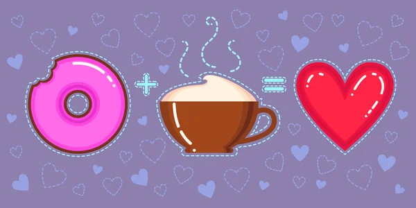 Platte ontwerp vectorillustratie van chocolade donut met roze glazuur, cappuccino-kop en rood hart op violette achtergrond — Stockvector