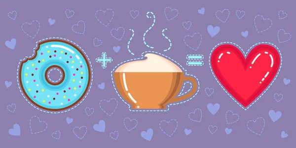 Diseño plano vector ilustración de donut de chocolate con esmalte azul, taza de capuchino y corazón rojo sobre fondo violeta — Vector de stock