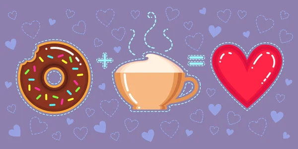 Flat design vector illustration of donut with chocolate glaze, cappuccino cup and red heart on violet background — Stock Vector