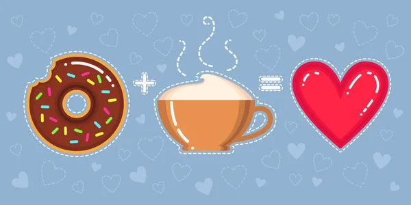 Diseño plano vector ilustración de donut con glaseado de chocolate, taza de capuchino y corazón sobre fondo azul — Vector de stock