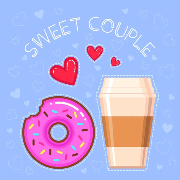Ilustración vectorial de donut de chocolate con esmalte rosa, taza de café y corazones rojos — Vector de stock