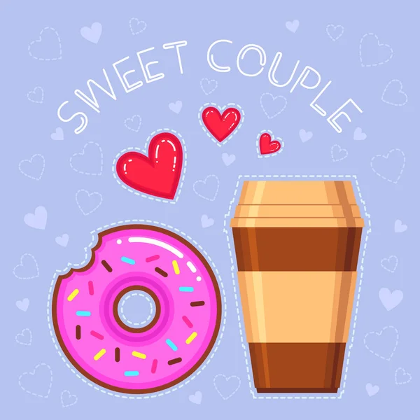Vector εικονογράφηση της σοκολάτας ντόνατ με ροζ γλάσο, φλιτζάνι καφέ και κόκκινες καρδιές — Διανυσματικό Αρχείο