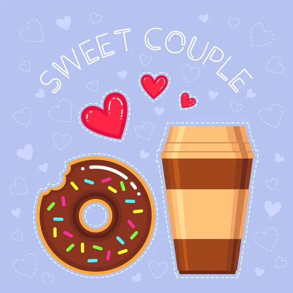 Εικονογράφηση διάνυσμα ντόνατ με γλάσο σοκολάτας, καφέ και κόκκινες καρδιές — Διανυσματικό Αρχείο