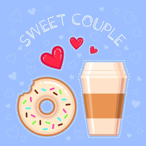 Векторна ілюстрація пончика, чашки кави, червоних сердець та тексту "солодка пара" на синьому фоні — стоковий вектор