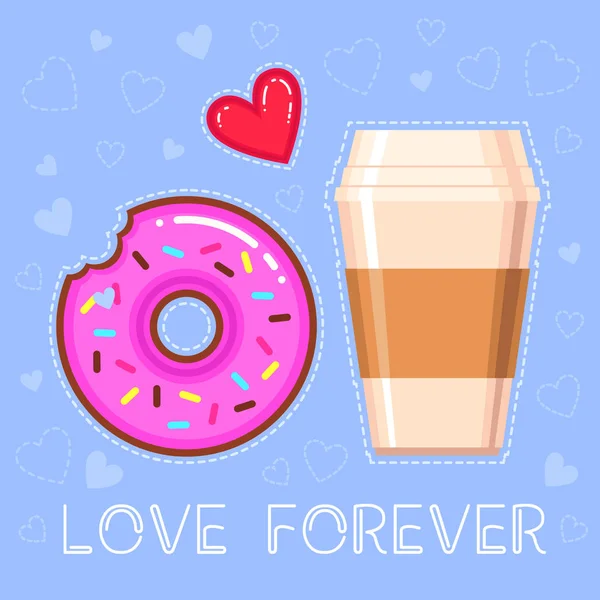 분홍색 유약, 커피 컵, 레드 심장와 텍스트 파란색 배경에 "사랑 영원히" 초콜릿 도넛의 ector 그림 — 스톡 벡터