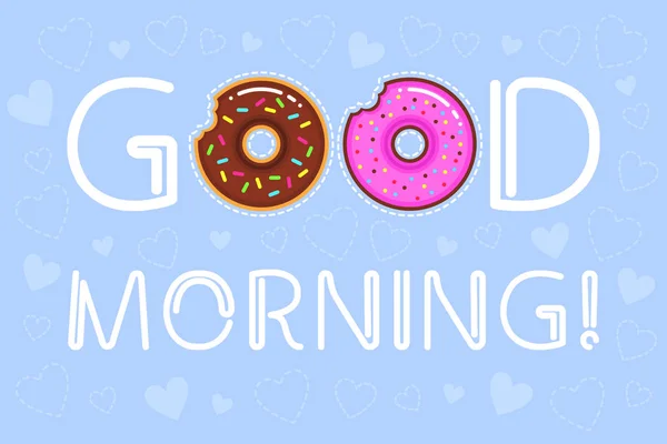 Ilustração vetorial do texto "bom dia!" com dois donuts com chocolate e esmalte rosa em fundo azul com corações —  Vetores de Stock