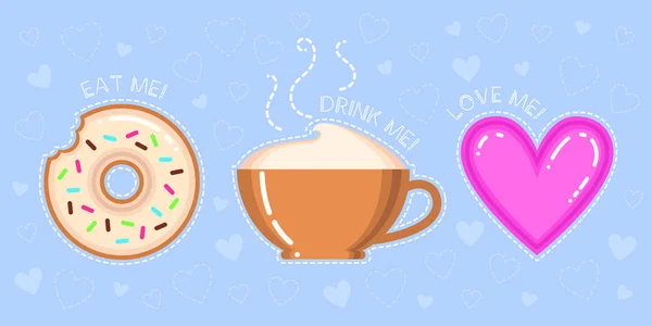 Ilustración vectorial de donut con esmalte, taza de capuchino, corazón rosa y texto "comer bebida me aman" sobre fondo azul — Vector de stock