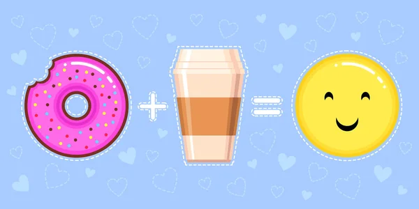 Vektor-Illustration von Donut mit rosa Glasur, Kaffeetasse und lächelndem gelben Gesicht auf blauem Hintergrund mit Herzen — Stockvektor