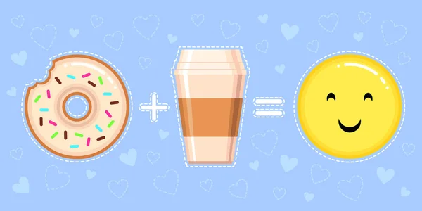 Vektor-Illustration von Donut mit Glasur, Kaffeetasse und lächelndem gelben Gesicht auf blauem Hintergrund mit Herzen — Stockvektor