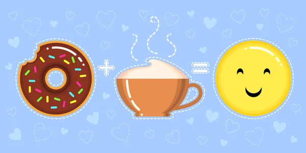 Vektor-Illustration von Donut mit Schokoglasur, Cappuccino-Tasse und lächelndem gelben Gesicht auf blauem Hintergrund mit Herzen — Stockvektor