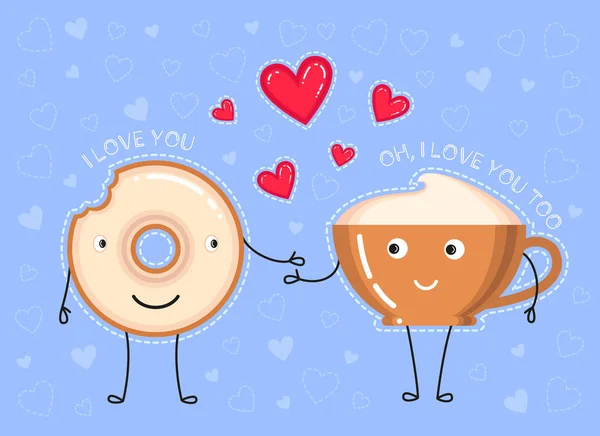 Ilustração vetor engraçado de donut com esmalte, xícara de café o que fazer uma declaração de amor e corações vermelhos no fundo azul —  Vetores de Stock