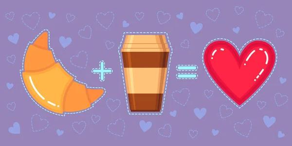 Vicces vektoros illusztráció, croissant, kávé csésze és piros szív, lila háttér — Stock Vector
