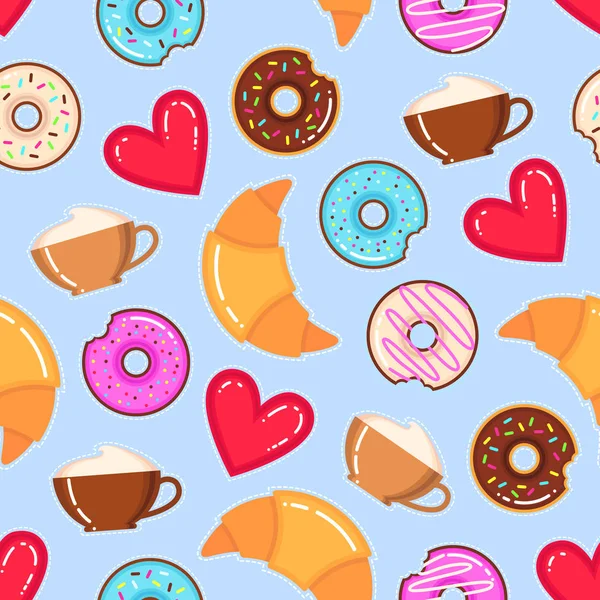 Забавный векторный рисунок пончиков, чашек капучино, круассанов и красных сердец — стоковый вектор