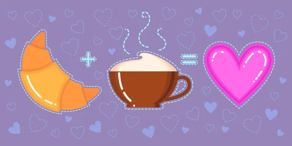 Divertida ilustración vectorial de croissant, taza de café y corazón rosa sobre fondo violeta — Vector de stock
