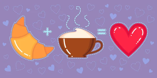 Divertido vector ilustración de croissant, taza de café y corazón rojo sobre fondo violeta — Vector de stock