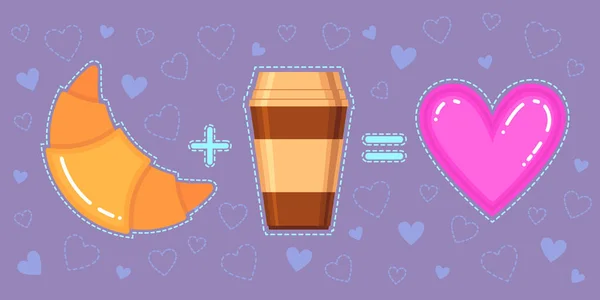 Смешная векторная иллюстрация круассана, чашки кофе и розового сердца на фиолетовом фоне — стоковый вектор