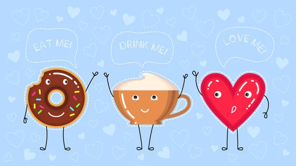 Engraçado vetor ilustração de donut com esmalte de chocolate, xícara de café e coração vermelho diz "comer drinl me amo " —  Vetores de Stock