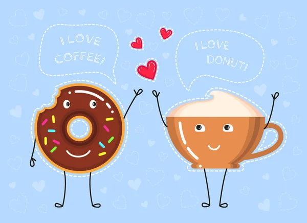 Ilustração vetorial de xícara de café, donut com esmalte de chocolate, xícara de café que fazem uma declaração de amor e corações vermelhos — Vetor de Stock