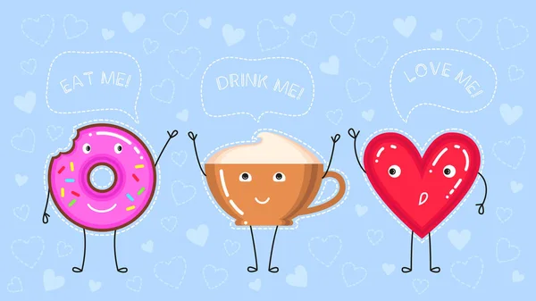 Vicces vektoros illusztráció fánk rózsaszín mázzal, kávé, csésze és piros szív azt mondja, "Egyél ital szeretet meg" a kék háttér — Stock Vector