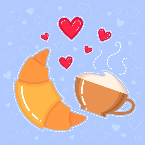 Ilustración vectorial de croissant, taza de café y corazones rojos sobre fondo azul — Vector de stock