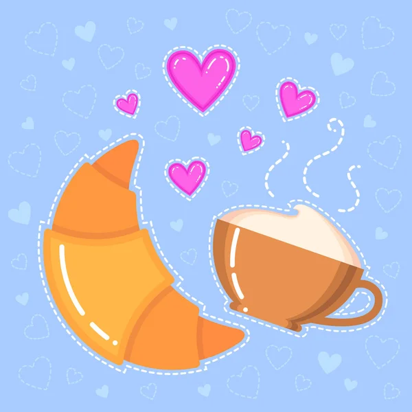 Ilustración vectorial de croissant, taza de café y corazones de color rosa sobre fondo azul — Vector de stock