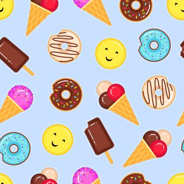 Çörek, dondurmalar ve sarı emoji gülümseyen komik vektör desen